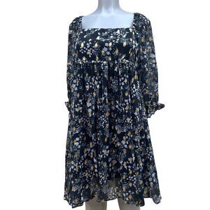NWT Sweet Lemon Lurex Dot Shift Dress Women's Large Navy Metallic Gold Print
